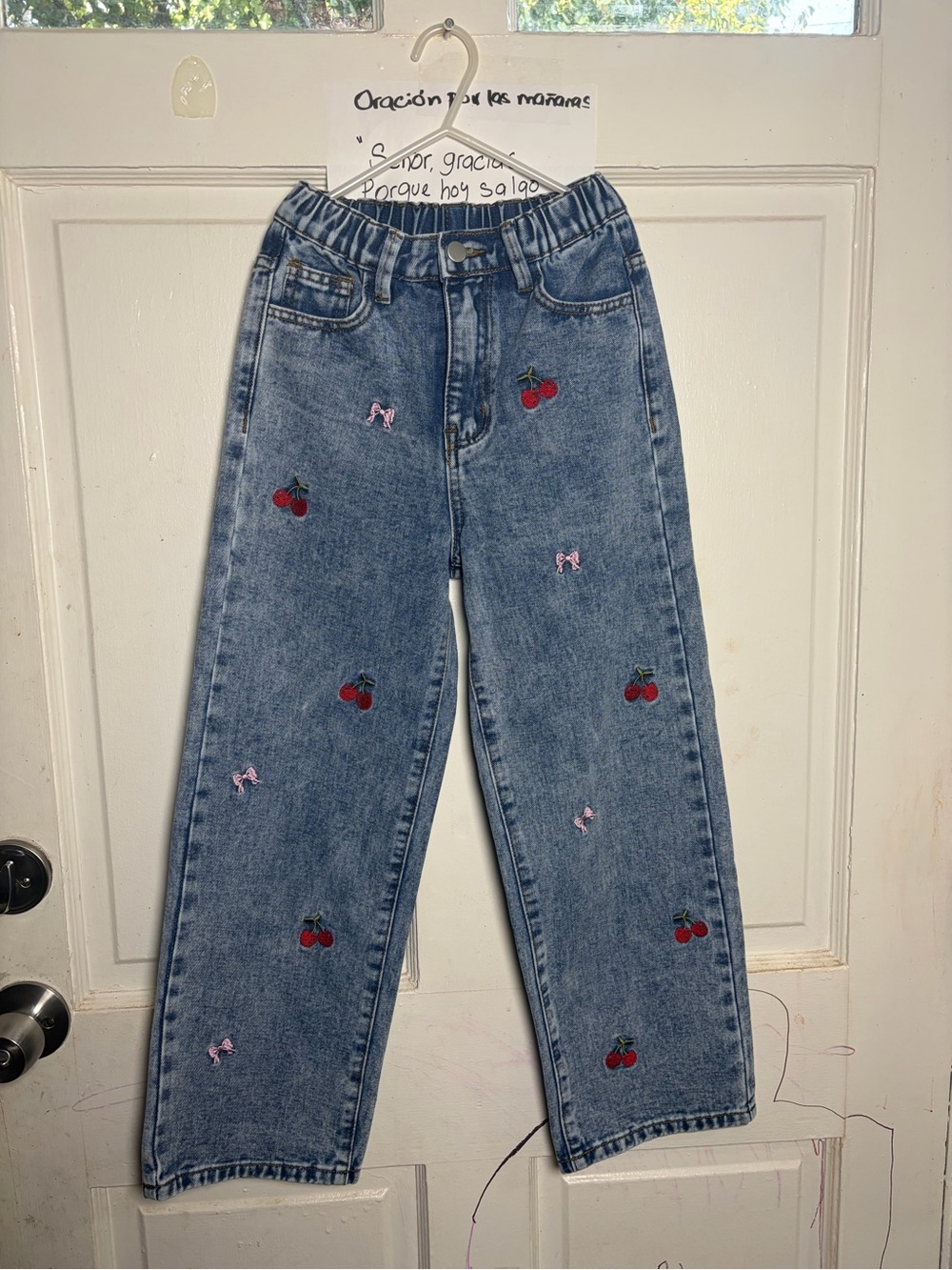 SHEIN Blue Straight-Leg Jeans with Red Cherry Embroidery